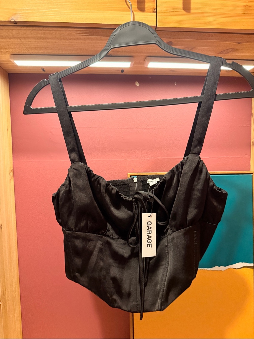 Garage Black Satin Corset Crop Top with Front Tie